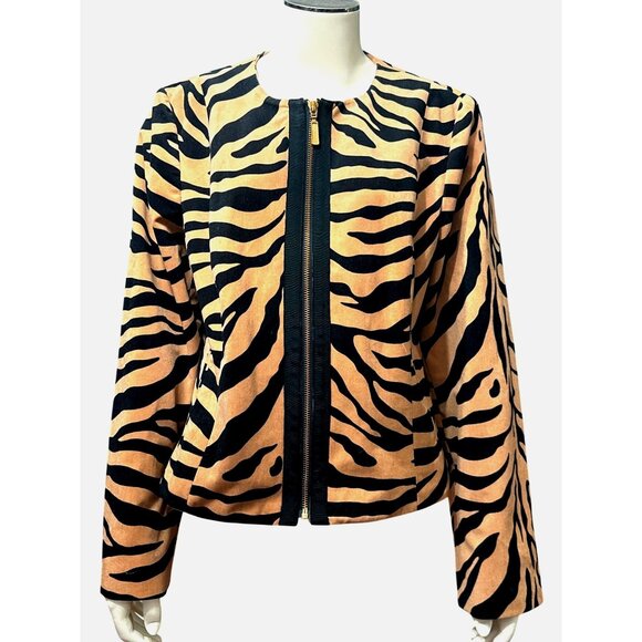 Chicos Animal Tiger Print Jacket Faux Suede Zip Front Bold Statement Blazer Sz 1 - Picture 1 of 11